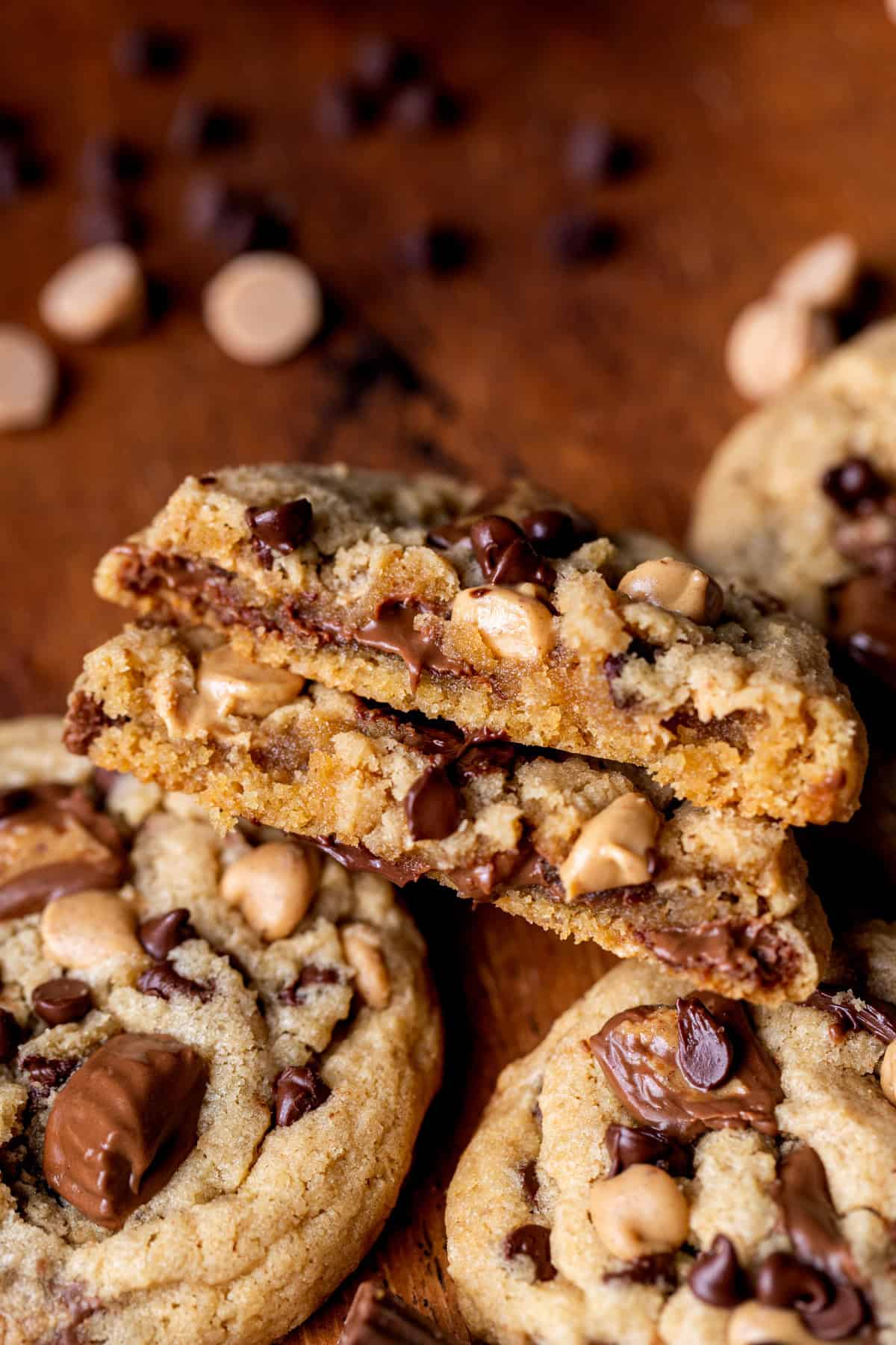 One Reese's peanut butter chip cookie split in half.