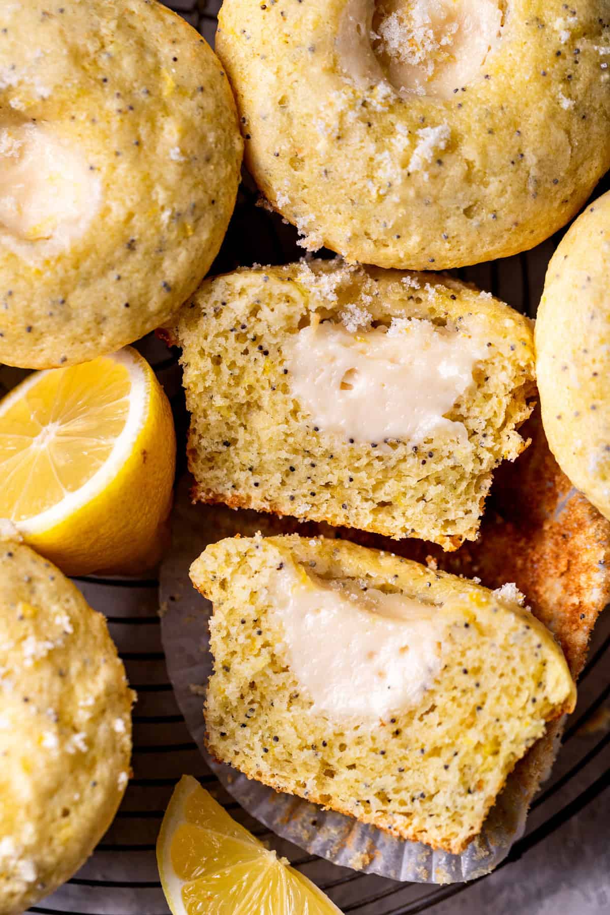One lemon cream cheese muffin cut in half.