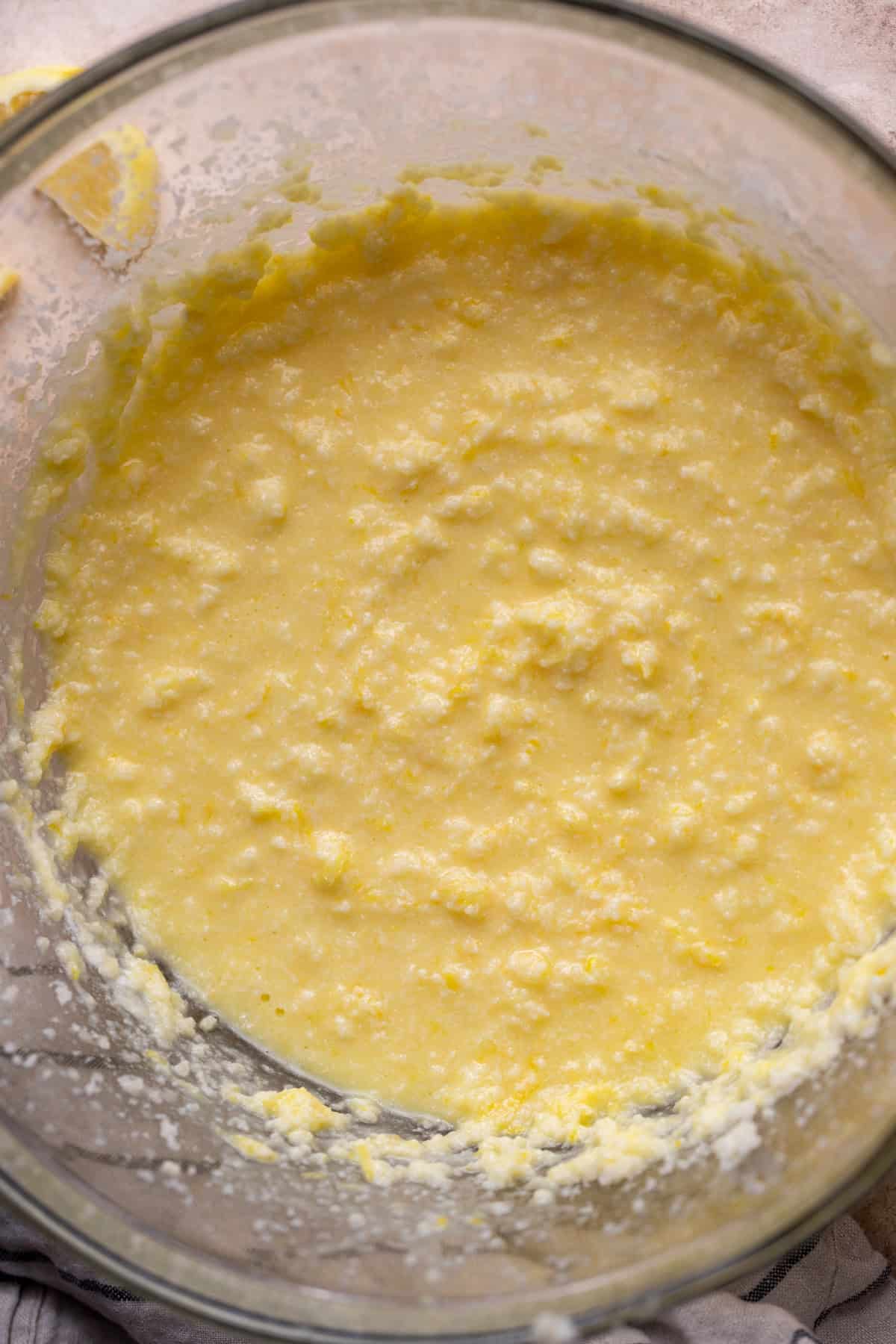Wet ingredients in a glass bowl.