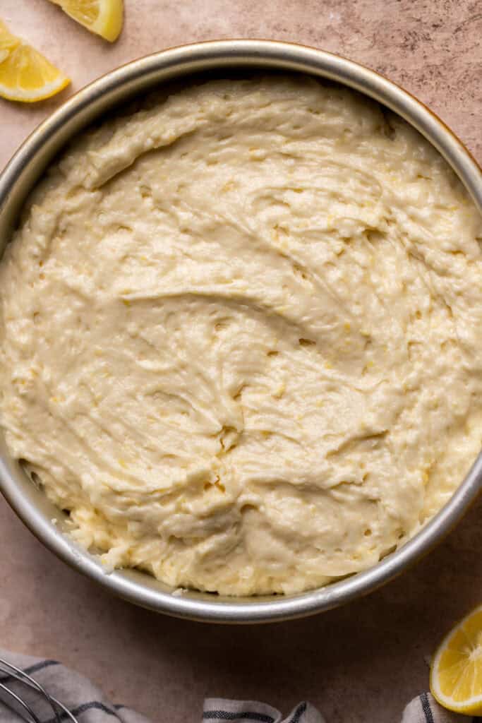 Cake batter in a pan.