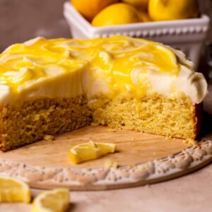 Side view of lemon curd cake.
