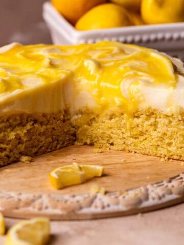 Side view of lemon curd cake.