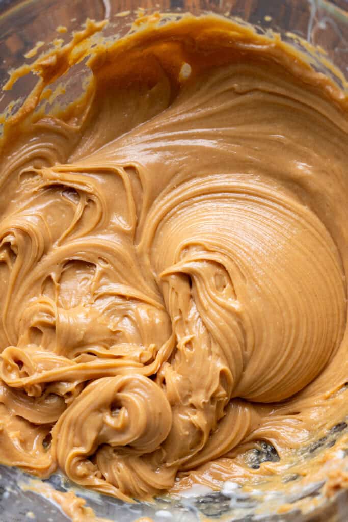 Peanut butter filling in a glass bowl.