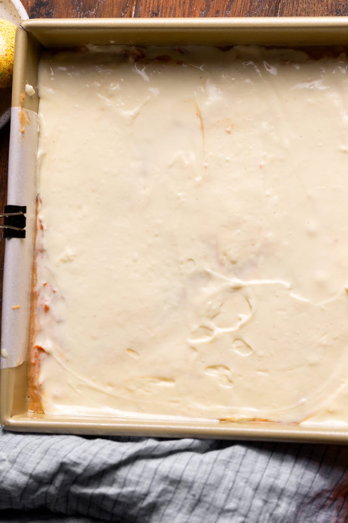 Cream cheese layer in a pan.