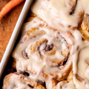 Top view of carrot cake cinnamon rolls.
