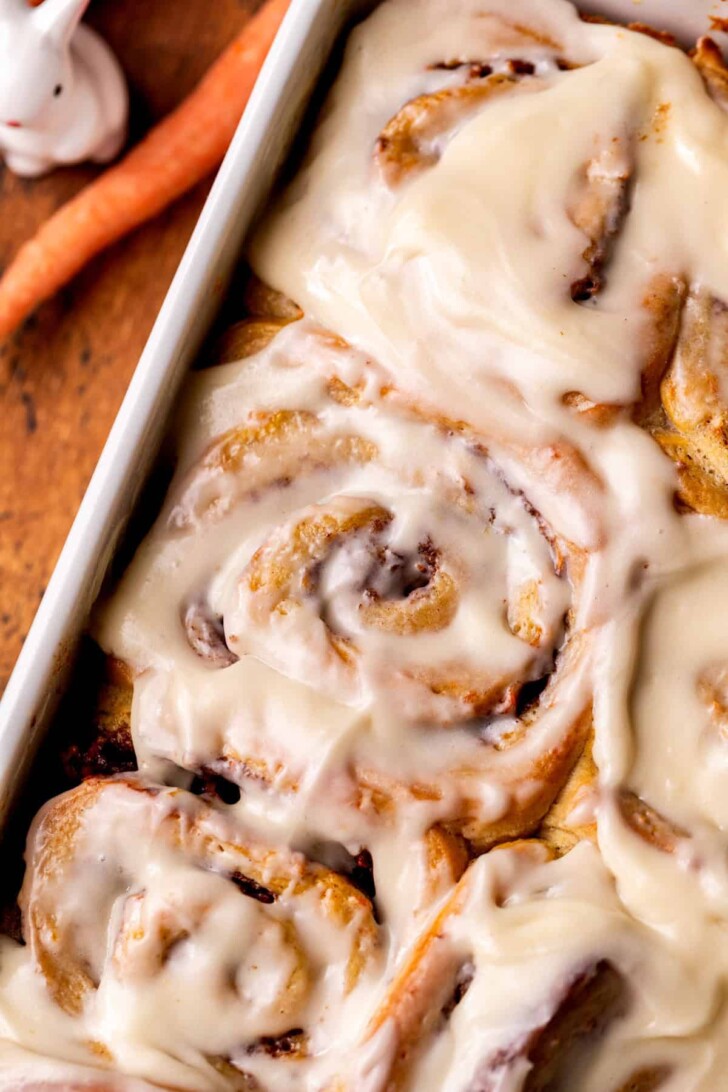 Top view of carrot cake cinnamon rolls.