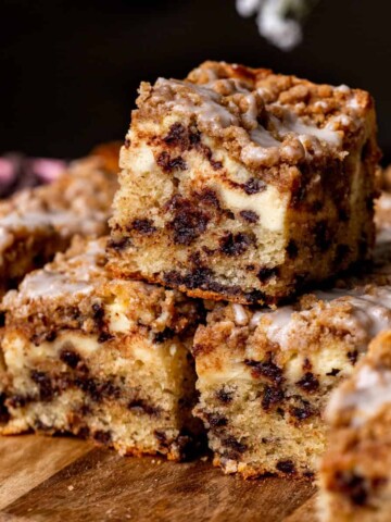 Stack of three chocolate chip coffee cake.