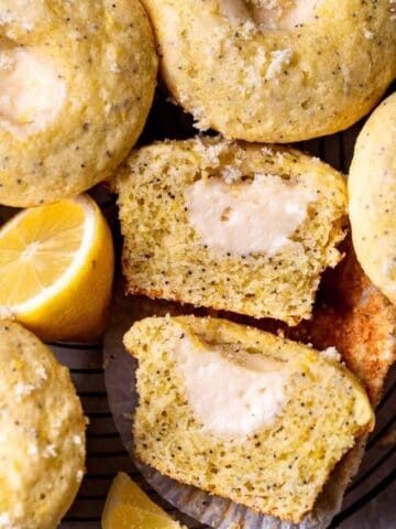 One lemon cream cheese muffin cut in half.