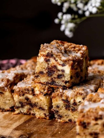 Stack of three chocolate chip coffee cake.