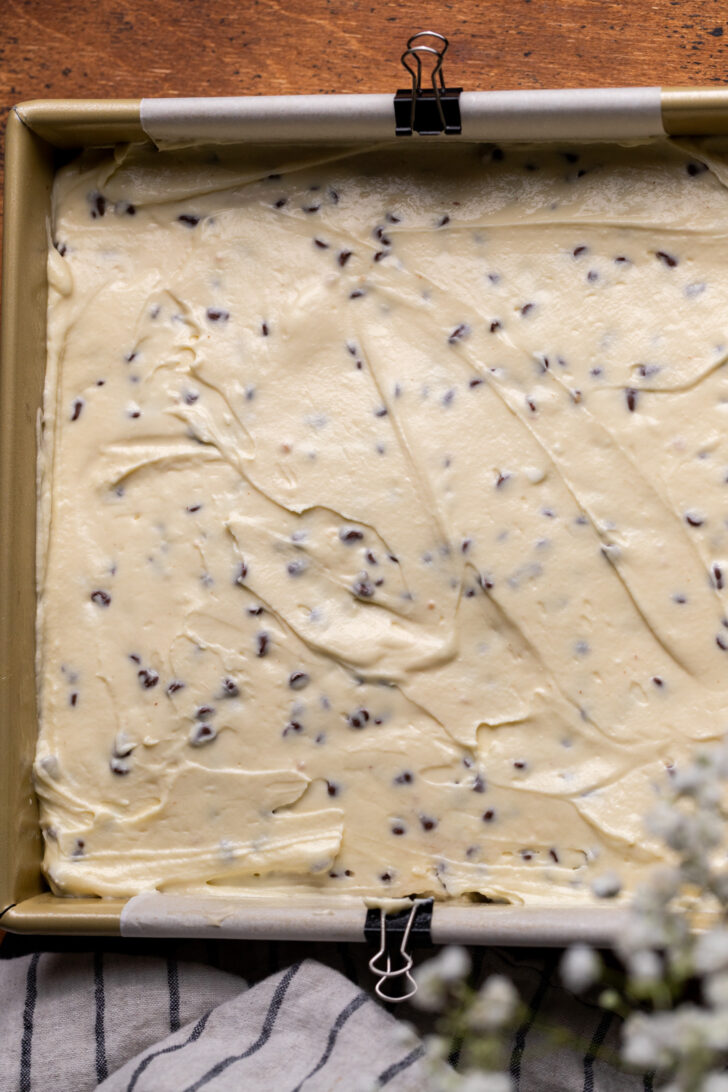 Cheesecake batter in the pan.