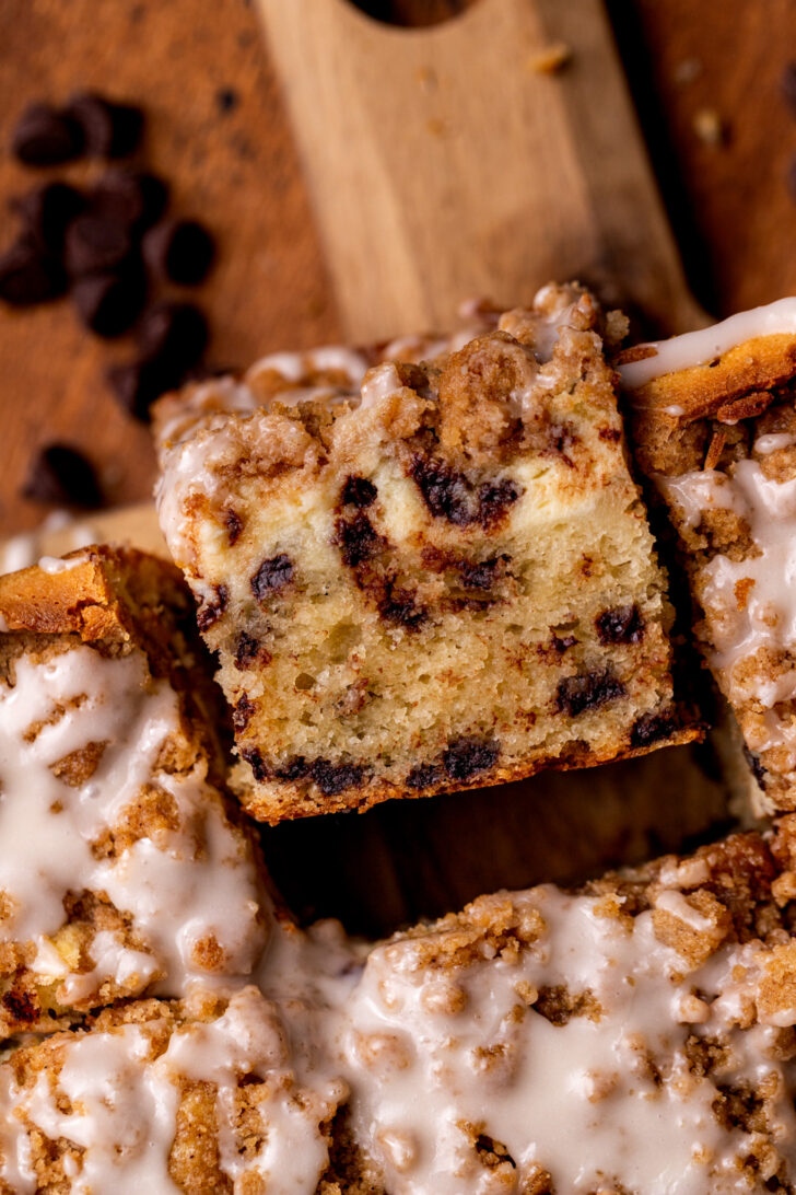 One piece of chocolate chip coffee cake on its side.