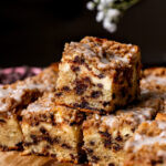 Stack of three chocolate chip coffee cake.