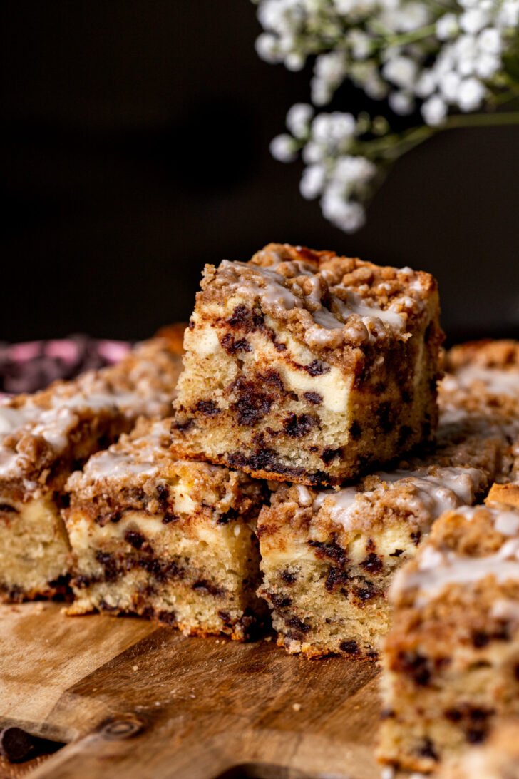 Stack of three chocolate chip coffee cake.