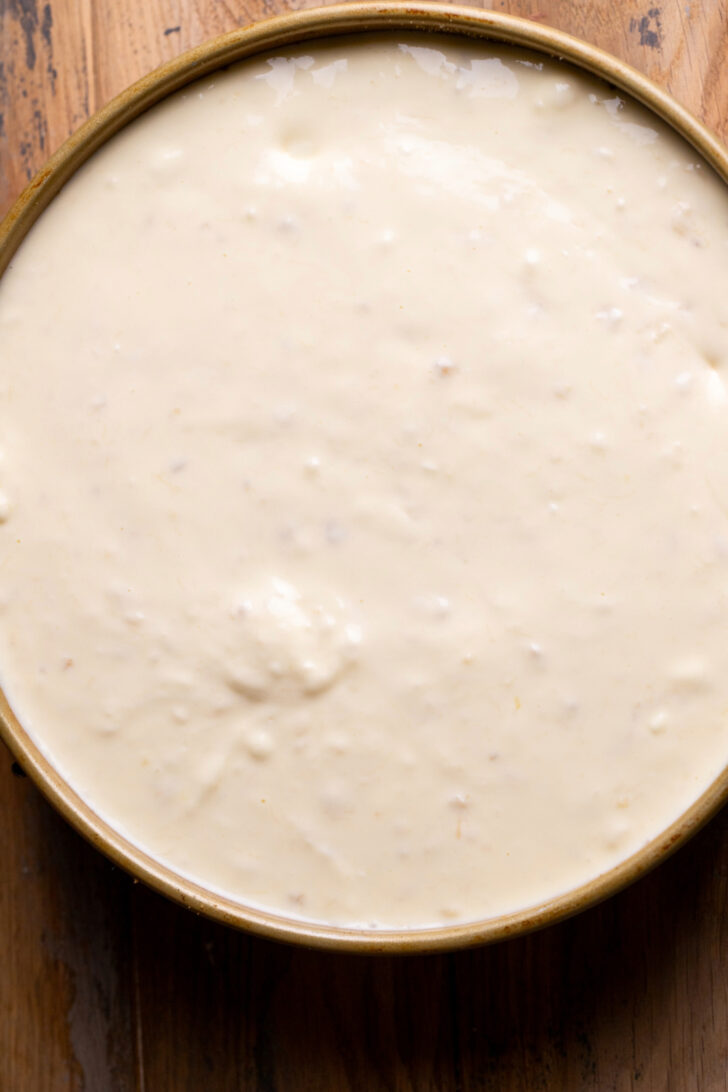 Cheesecake batter in the pan.
