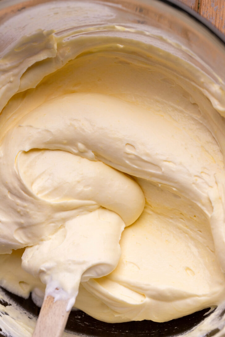 Whipped vanilla pudding in a bowl.