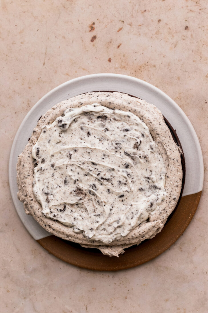 Oreo filling on top of cake.