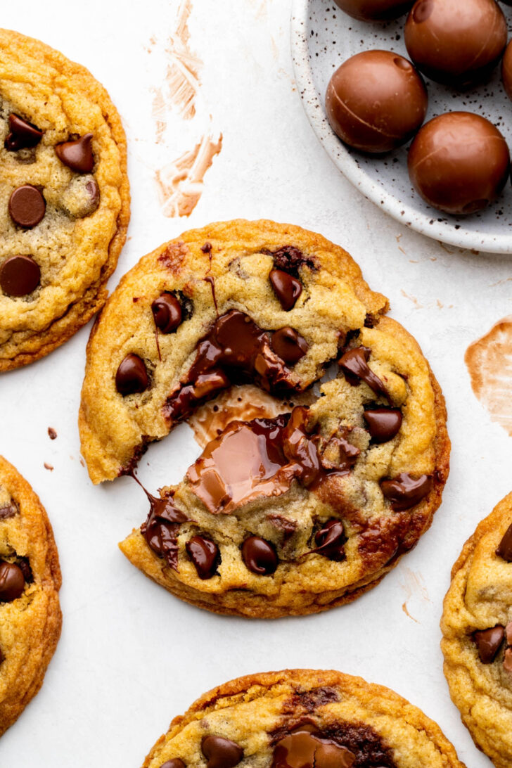 One lindt stuffed cookie split in half.