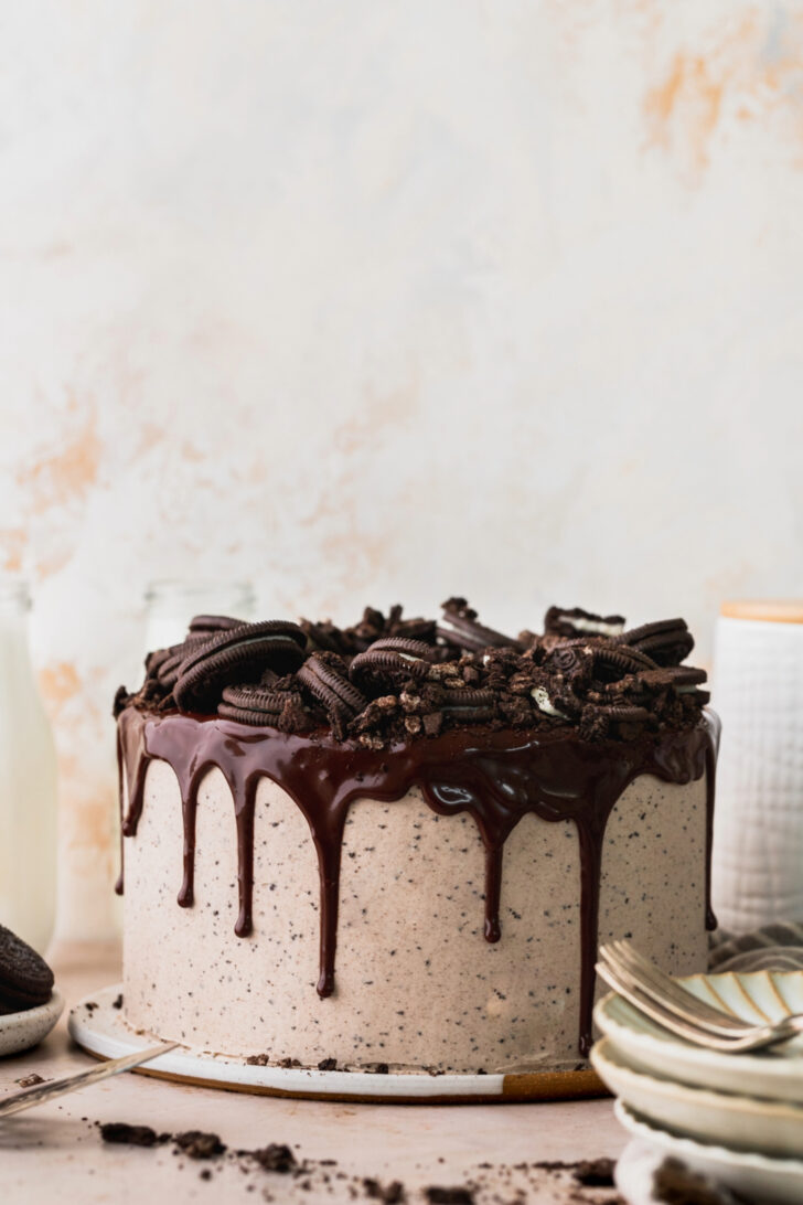 Decorated Oreo cake on a platter.