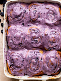 Top view of blueberry cinnamon rolls.