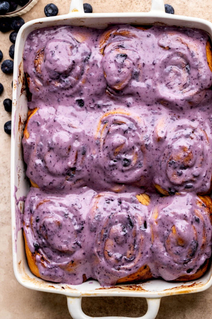 Top view of blueberry cinnamon rolls.