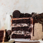 Oreo cake split in half showing the inside.