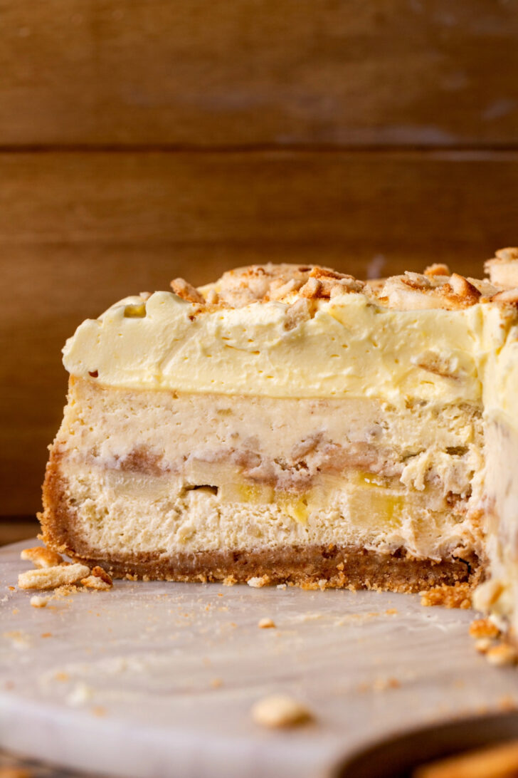 Side view of banana pudding cheesecake.
