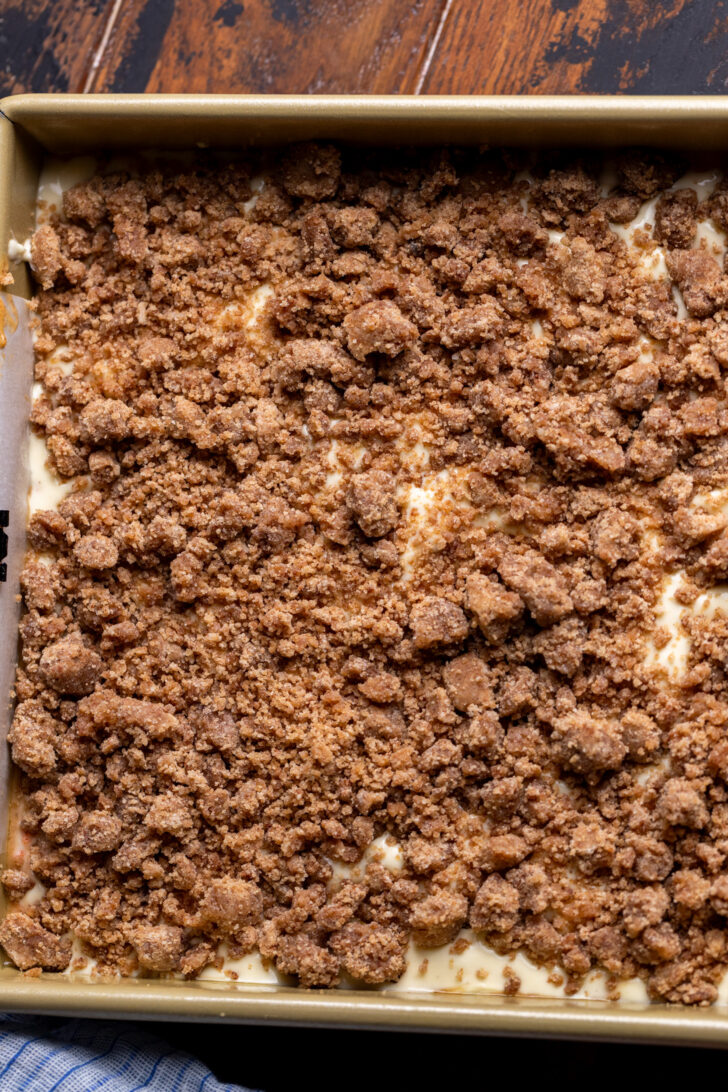 Cinnamon crumble in the pan.