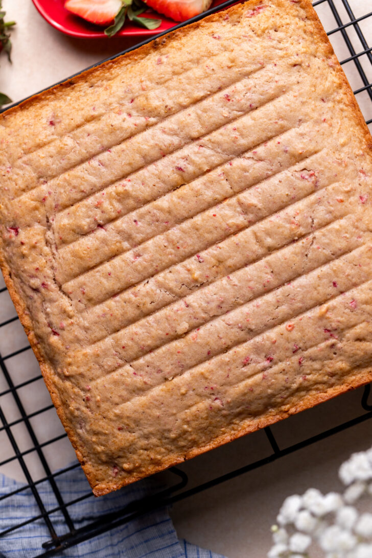 Baked cake on a wire rack.