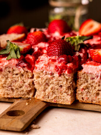 Side view of strawberry cake.