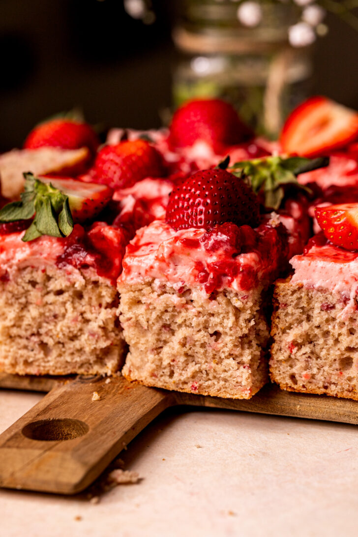 Side view of strawberry cake.