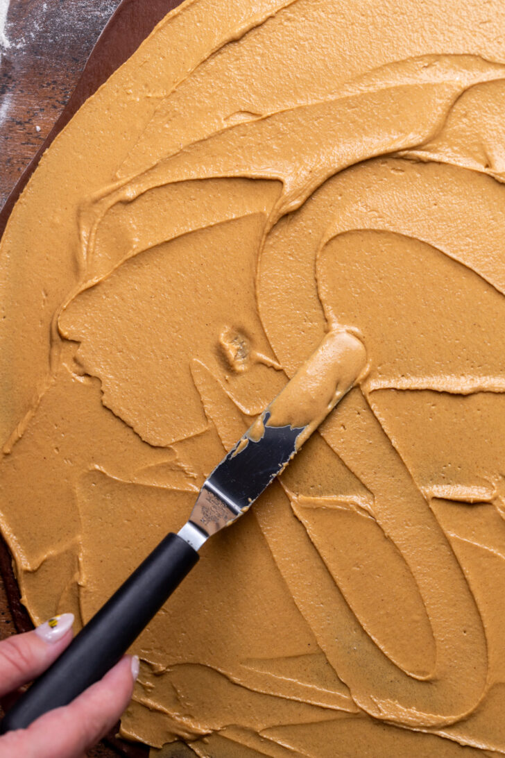 Peanut butter filling on top of dough.
