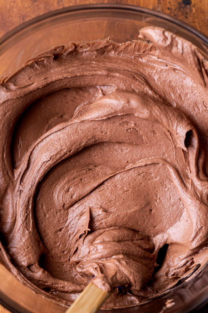Top view of chocolate cream cheese frosting.