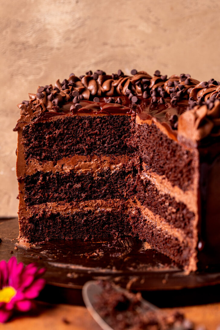 Side view of triple chocolate cake.