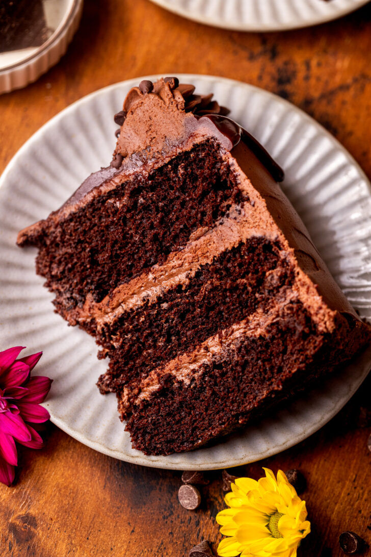 Top view of a slice of cake on a plate.