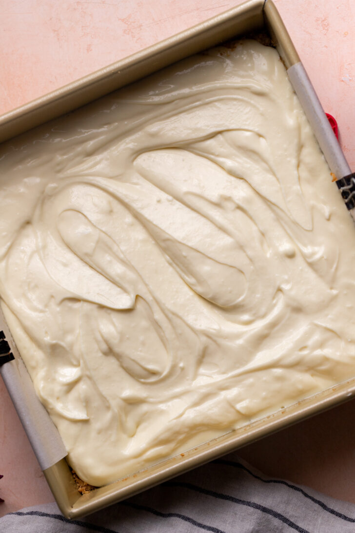 Cheesecake batter in the pan.