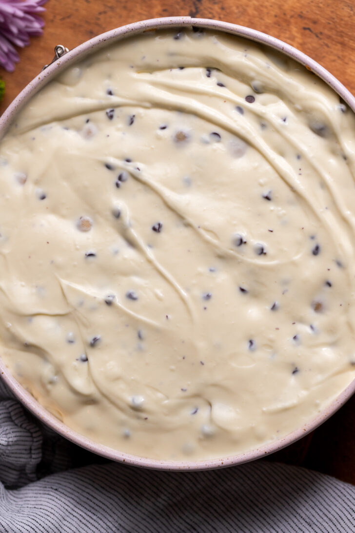 Cheesecake batter in a pan.