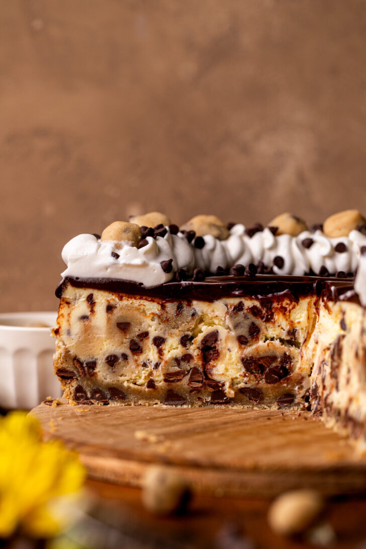 Side view of cookie dough cheesecake.