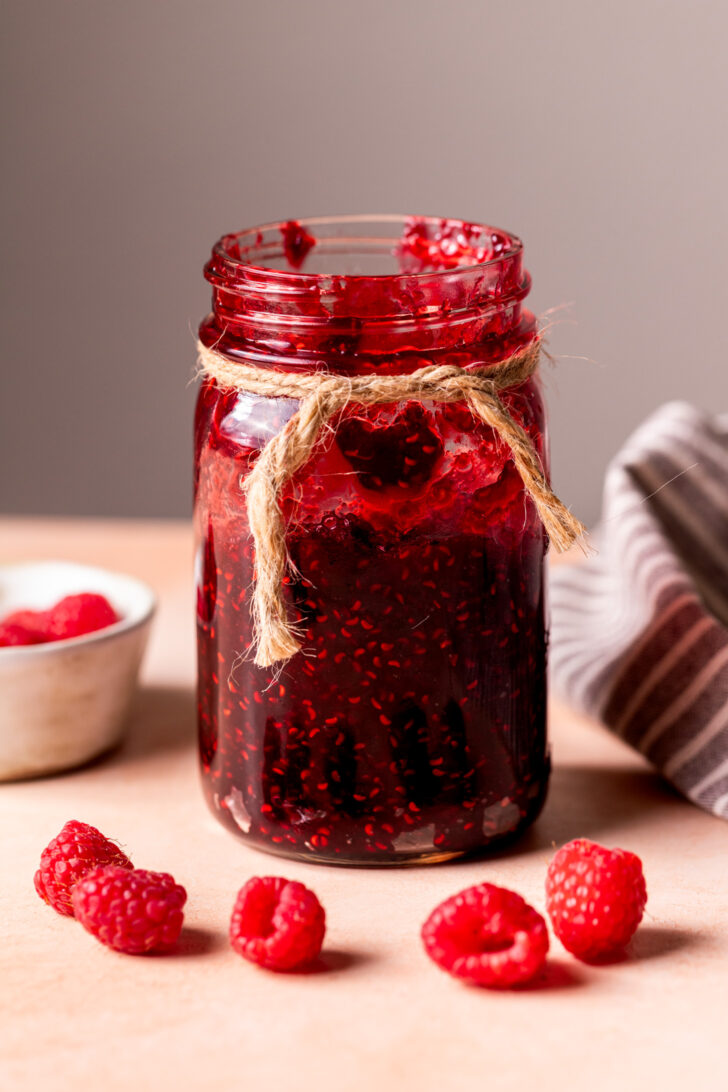 Raspberry jam in a jar.