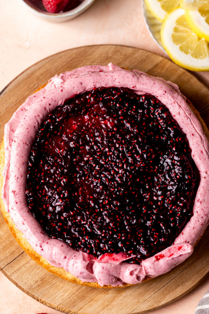 Raspberry jam on top of the cake.
