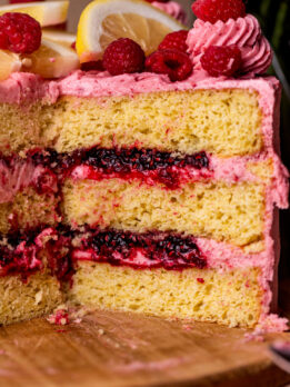 Side view of lemon raspberry cake.