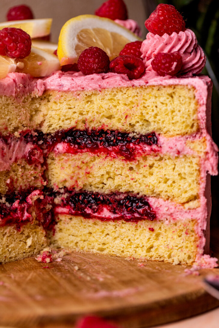 Side view of lemon raspberry cake.
