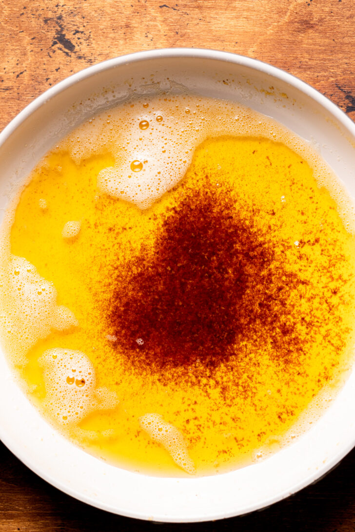 Top view of brown butter in a pan.