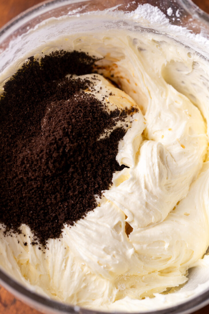 Oreo crumbs on top of frosting.