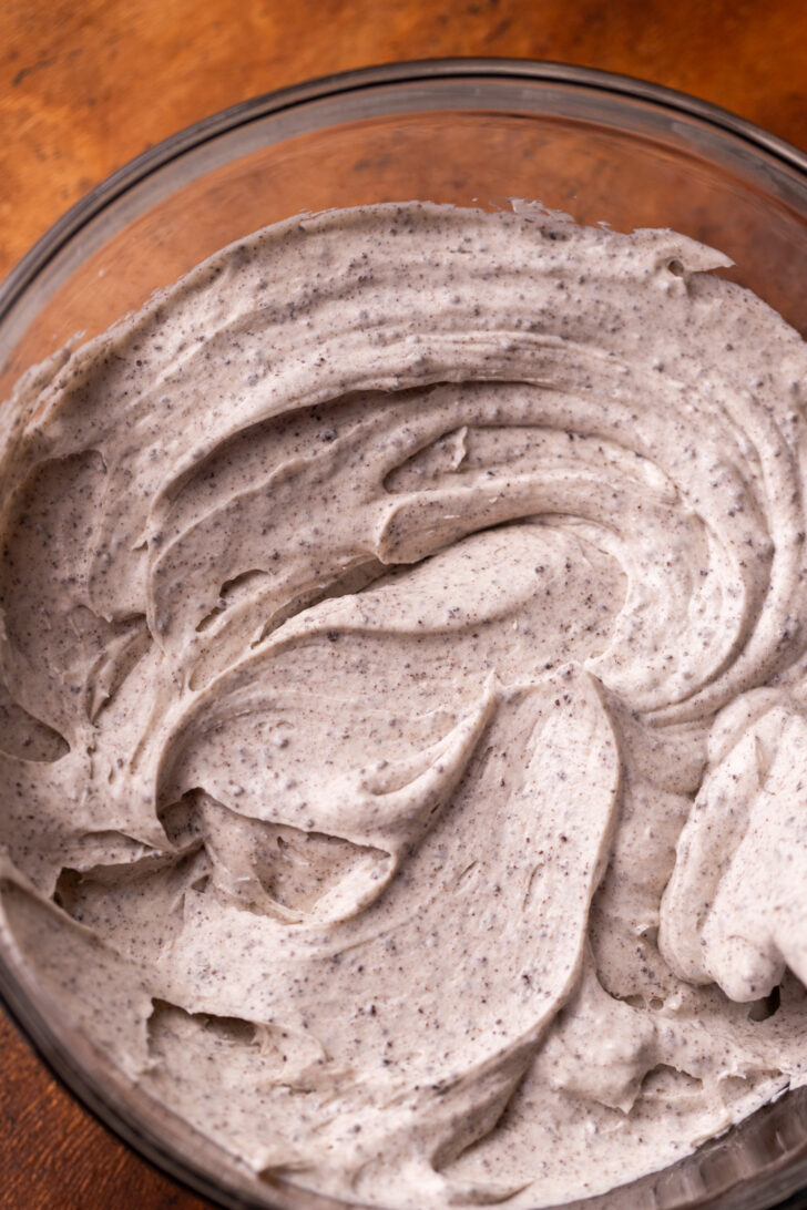 Top view of frosting in a bowl.