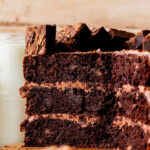 Close up of a split in half brownie cake.