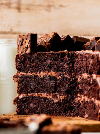 Close up of a split in half brownie cake.