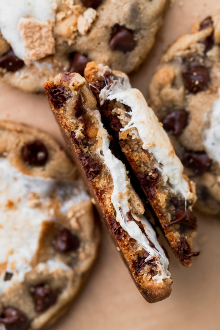 S'mores cookie split in half and on its side.