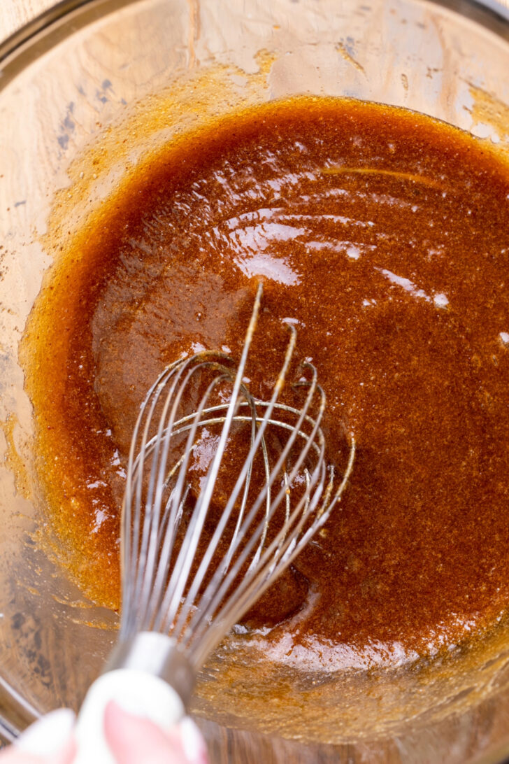 Wet ingredients in a glass bowl.