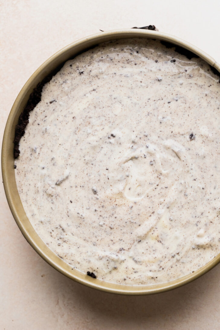 Cheesecake batter in a pan.