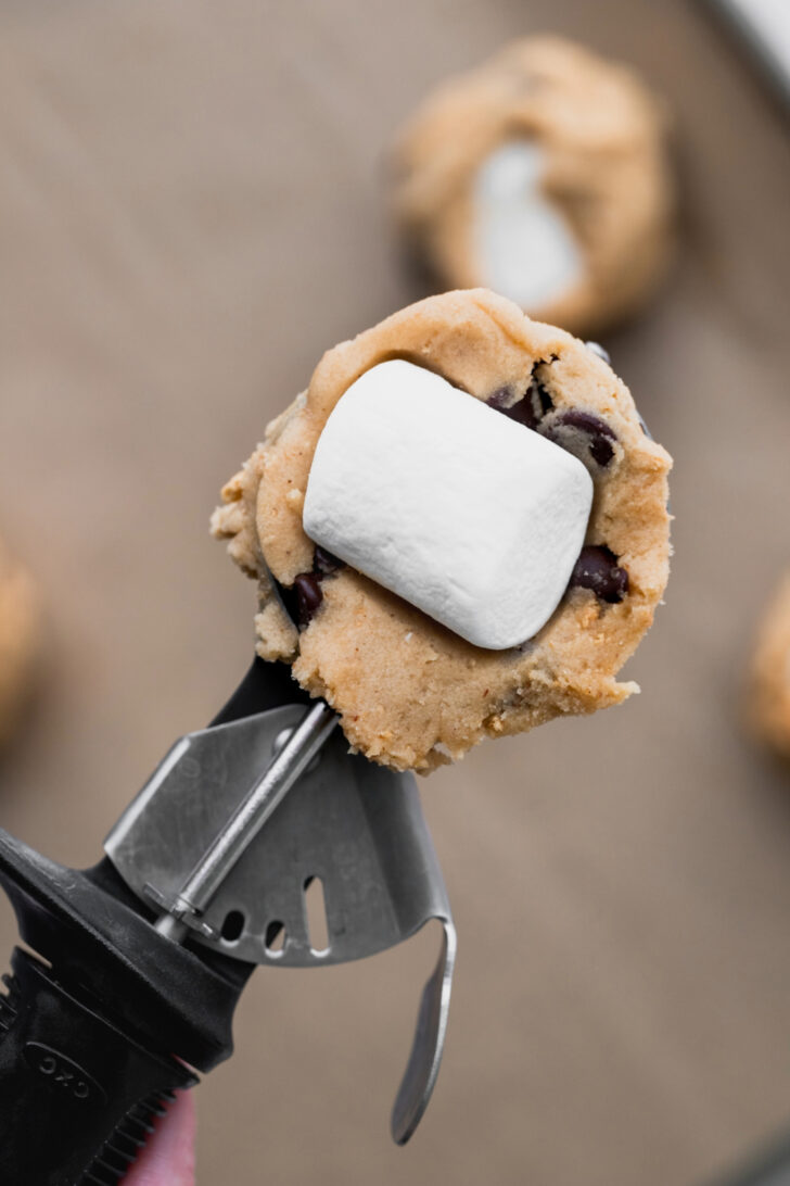 Marshmallow pressed into the hole in the cookie dough.